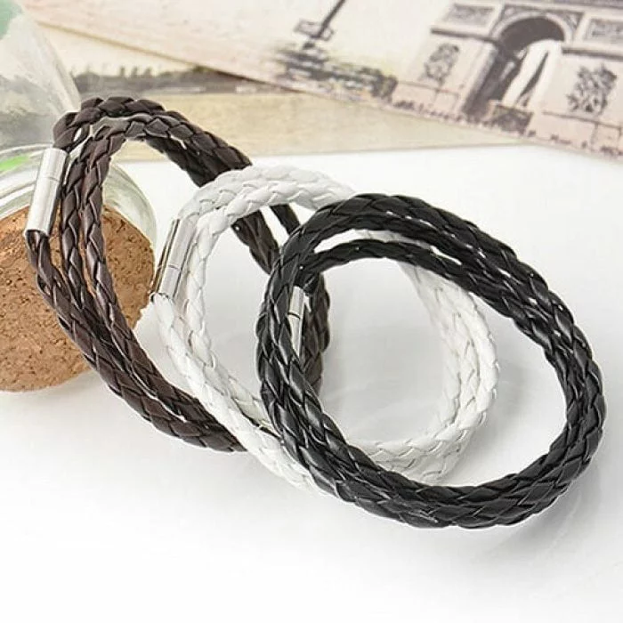 armband gevlochten leer klik sluiting zw br wit