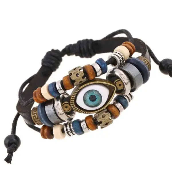 armband oog bedel retro vintage leer houten kralen henneptouw zwart