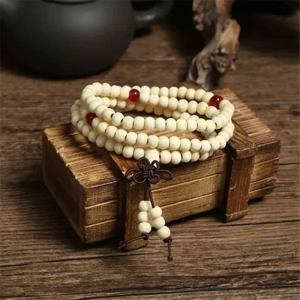 boeddhistische witte houten kralen armband ketting handgemaakt 6mm