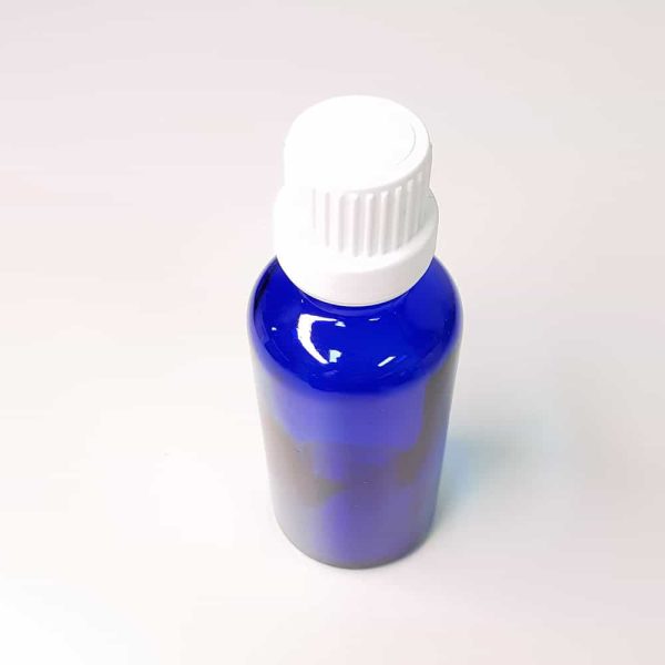 fles blauw glas schroefdop garantiesluiting
