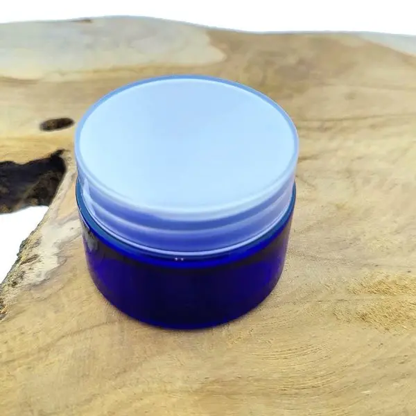 glazen cosmetica pot 30ml blauw glas schroefdeksel transparant