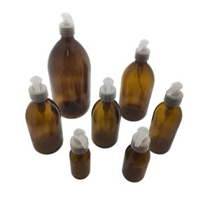 glazen fles amber bruin glas lotion zeeppomp transparant