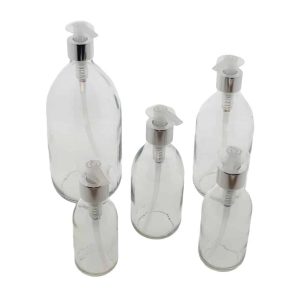 glazen fles helder transparant glas lotion zeeppomp zilver