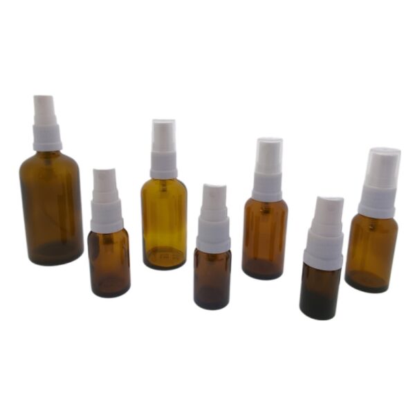 Glazen spray fles amber glas verstuiver wit