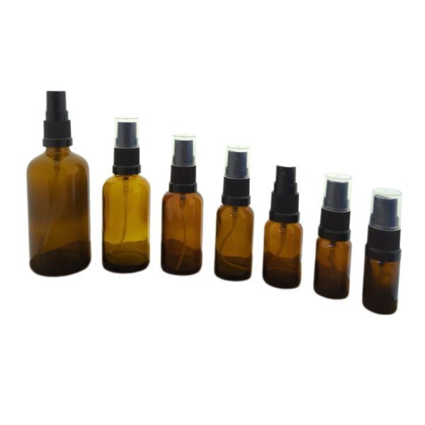 Glazen spray fles amber glas verstuiver zwart