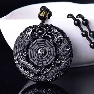 ketting yin yang dragon zwarte obsidiaan geluksamulet rond