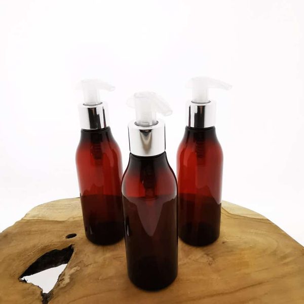 olie lotion zeep fles amber bruin 150ml dispenser pomp zilver
