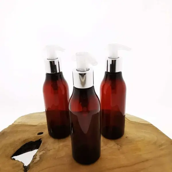 olie lotion zeep fles amber bruin 150ml dispenser pomp zilver