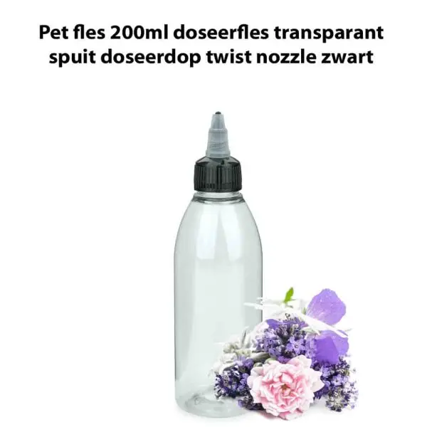 pet fles 200ml doseerfles transparant spuit doseerdop twist nozzle zwart