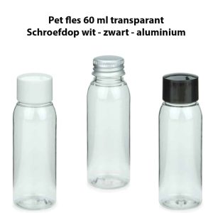 pet fles 60ml transparant schroefdop wit zwart aluminium