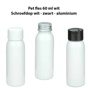 pet fles 60ml wit schroefdop wit zwart aluminium