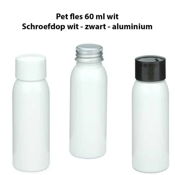 pet fles 60ml wit schroefdop wit zwart aluminium