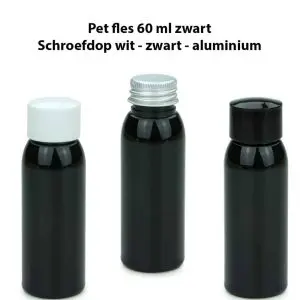 pet fles 60ml zwart schroefdop wit zwart aluminium