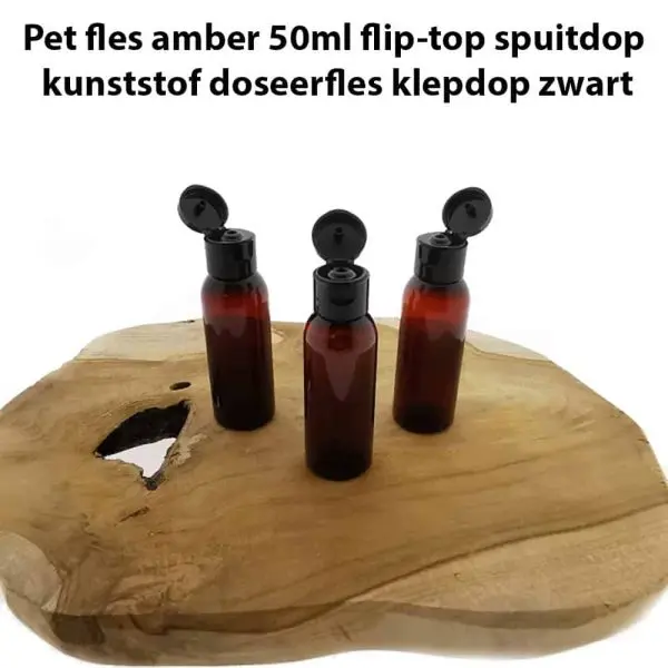 pet fles amber 50ml flip top spuitdop kunststof doseerfles klepdop zwart