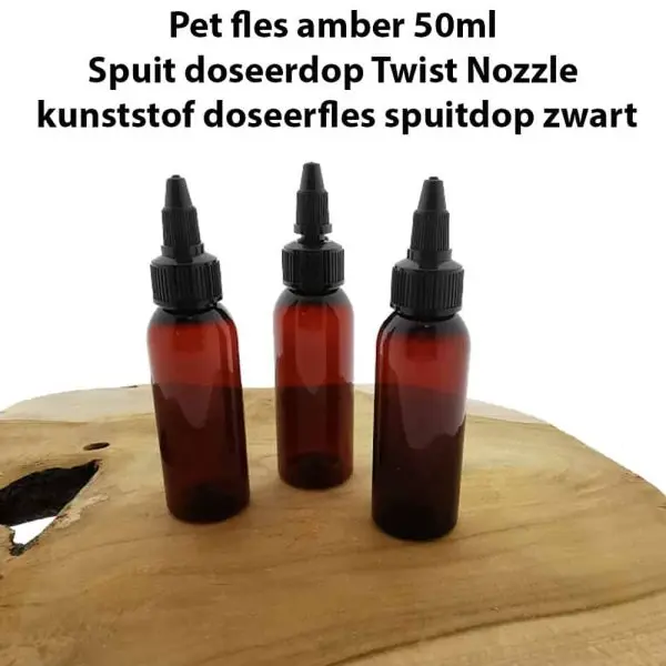 pet fles amber 50ml spuit doseerdop twist nozzle kunststof doseerfles spuitdop zwart