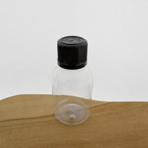 Pet flesje 50 ml transparant kindveilige dop zwart din18 18/410
