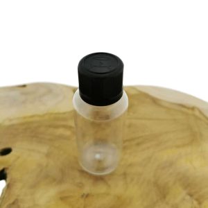 pet flesje 50 ml transparant kindveilige dop zwart din18 18 410