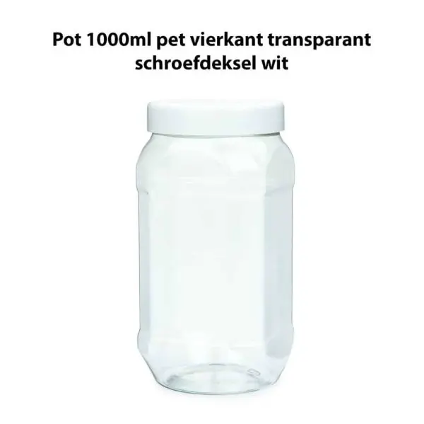 pot 1000ml vierkant transparant pet schroefdeksel wit