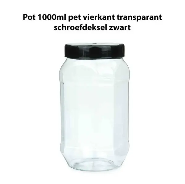 pot 1000ml vierkant transparant pet schroefdeksel zwart