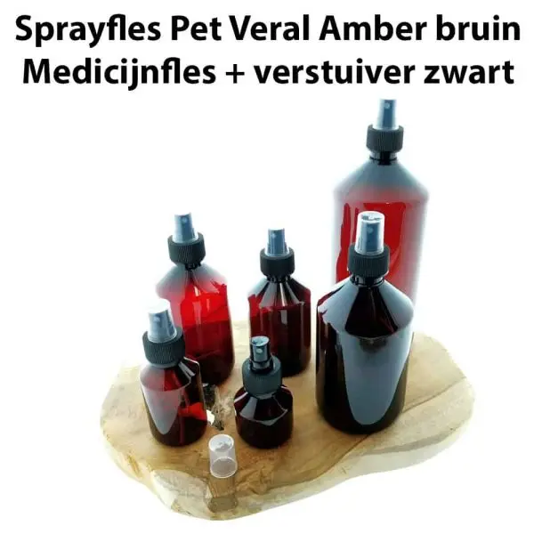 sprayfles pet veral amber bruin medicijnfles spray verstuiver zwart