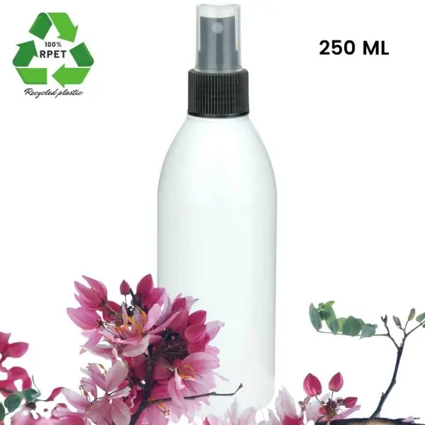 sprayflesje 250ml rpet fles wit verstuiver spraydop zwart