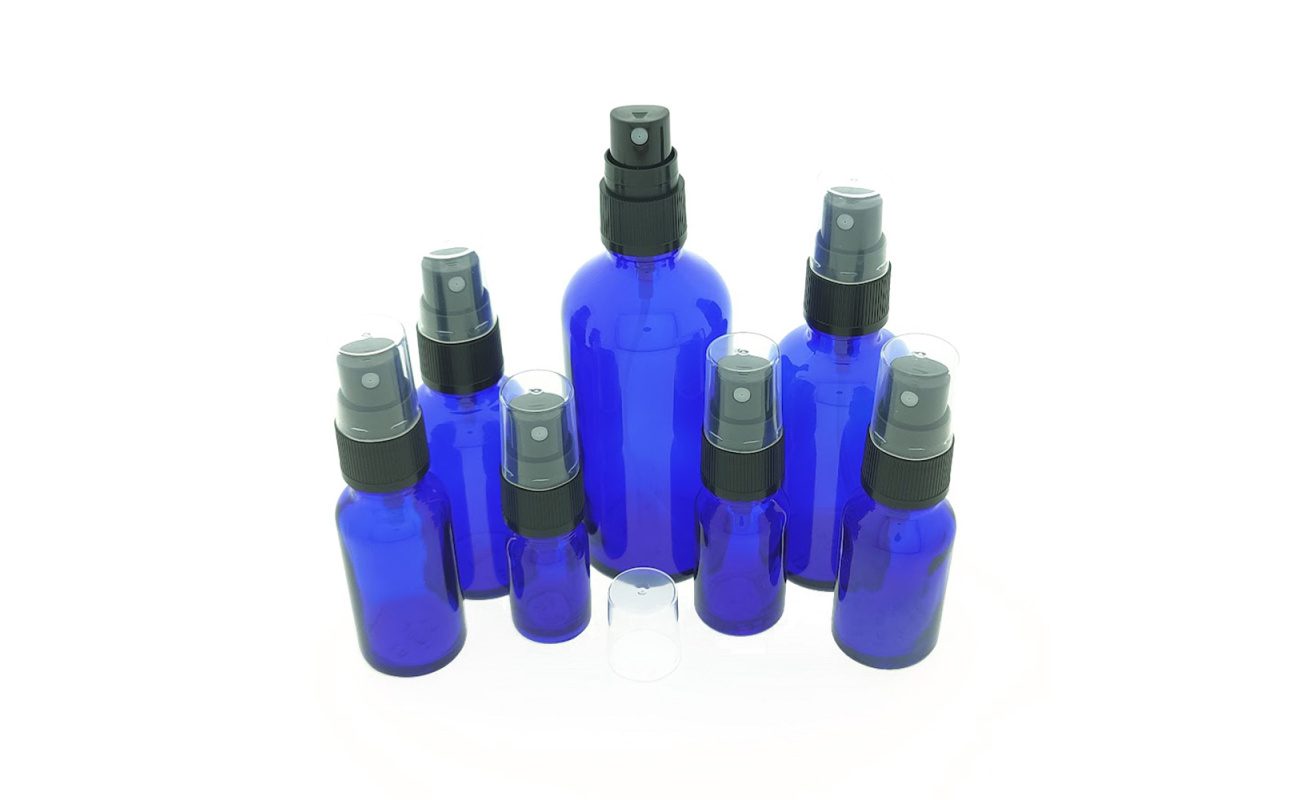 Sprayflesjes Blauw Glas DIN18 + Spraydop verstuiver zwart