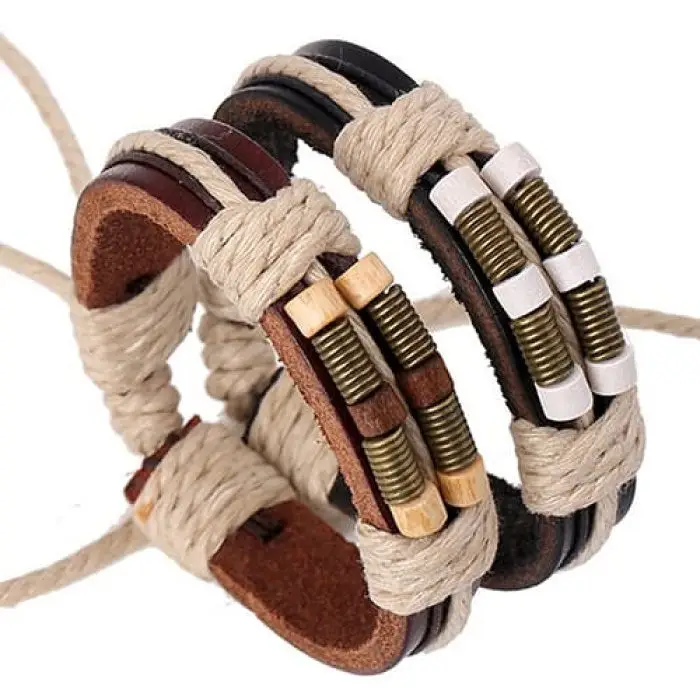 Surf armband beach, leer, houten kralen touw