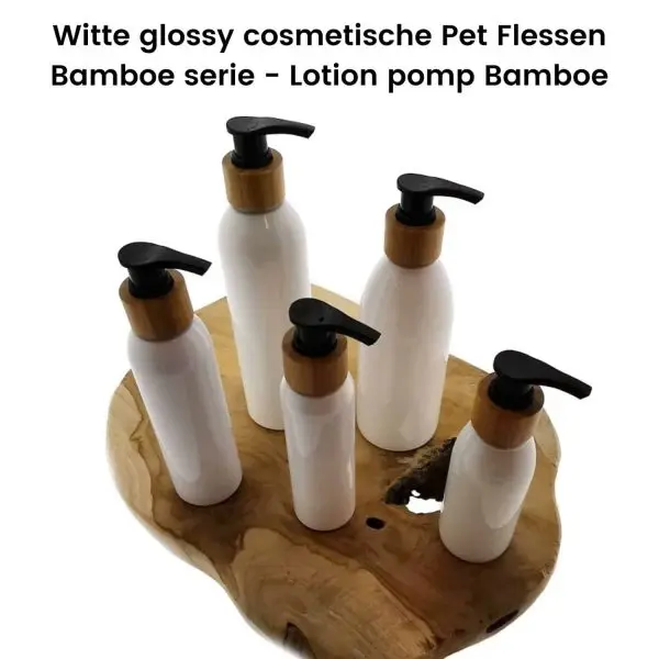 witte glossy cosmetische pet flessen bamboo serie lotion pomp bamboe